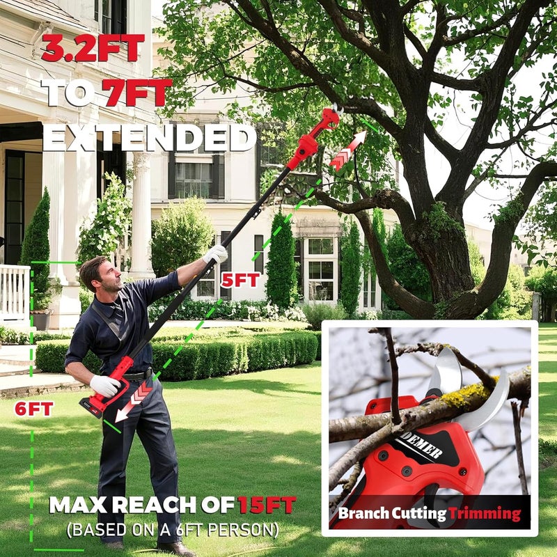Vkdemer 2-in-1 Pole Pruning Shears,1.2" Cutting Diameter,Cordless Electric Pruning Shears with Extension Pole,2×2.0Ah Battery Powered Pruner for Tree Trimming (2 Set Blades&Battery Charger Included) - Image 2